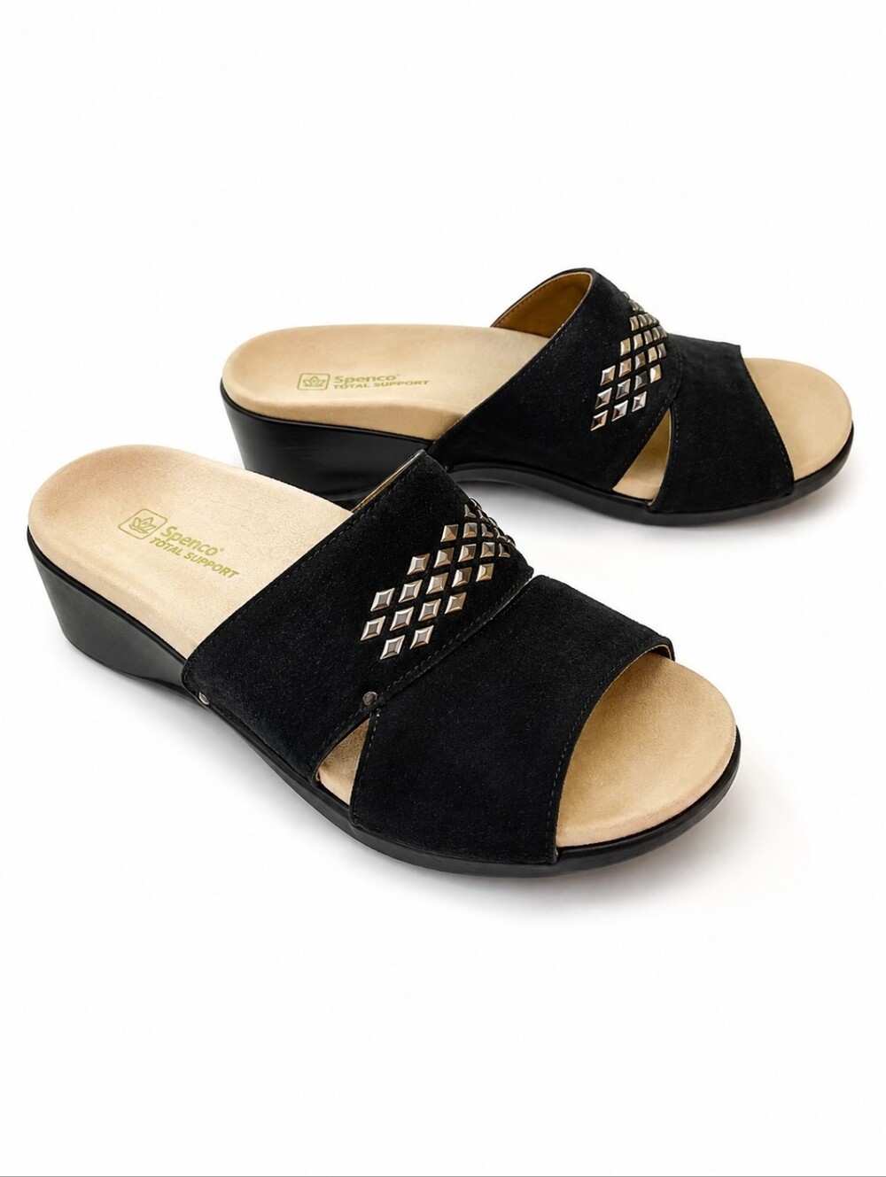 Spenco Twilight Black Studded Suede Comfort Wedge Sandals Women's Size 6